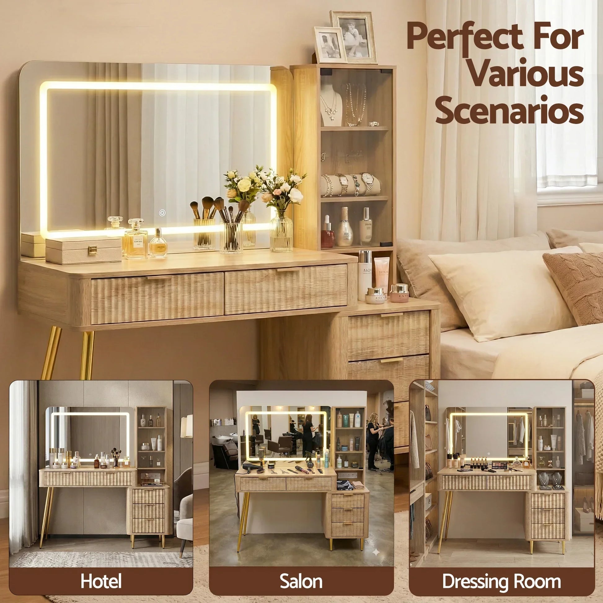 Modern wooden vanity table with LED mirror, drawers, and shelves, styled for hotel, salon, dressing room.