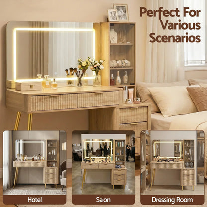 Modern wooden vanity table with LED mirror, drawers, and shelves, styled for hotel, salon, dressing room.