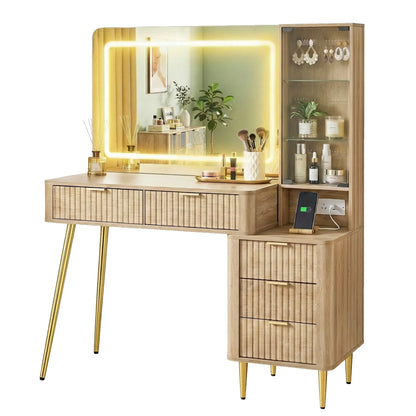 Modern wooden dressing table with LED mirror, storage drawers, and makeup organizer.
