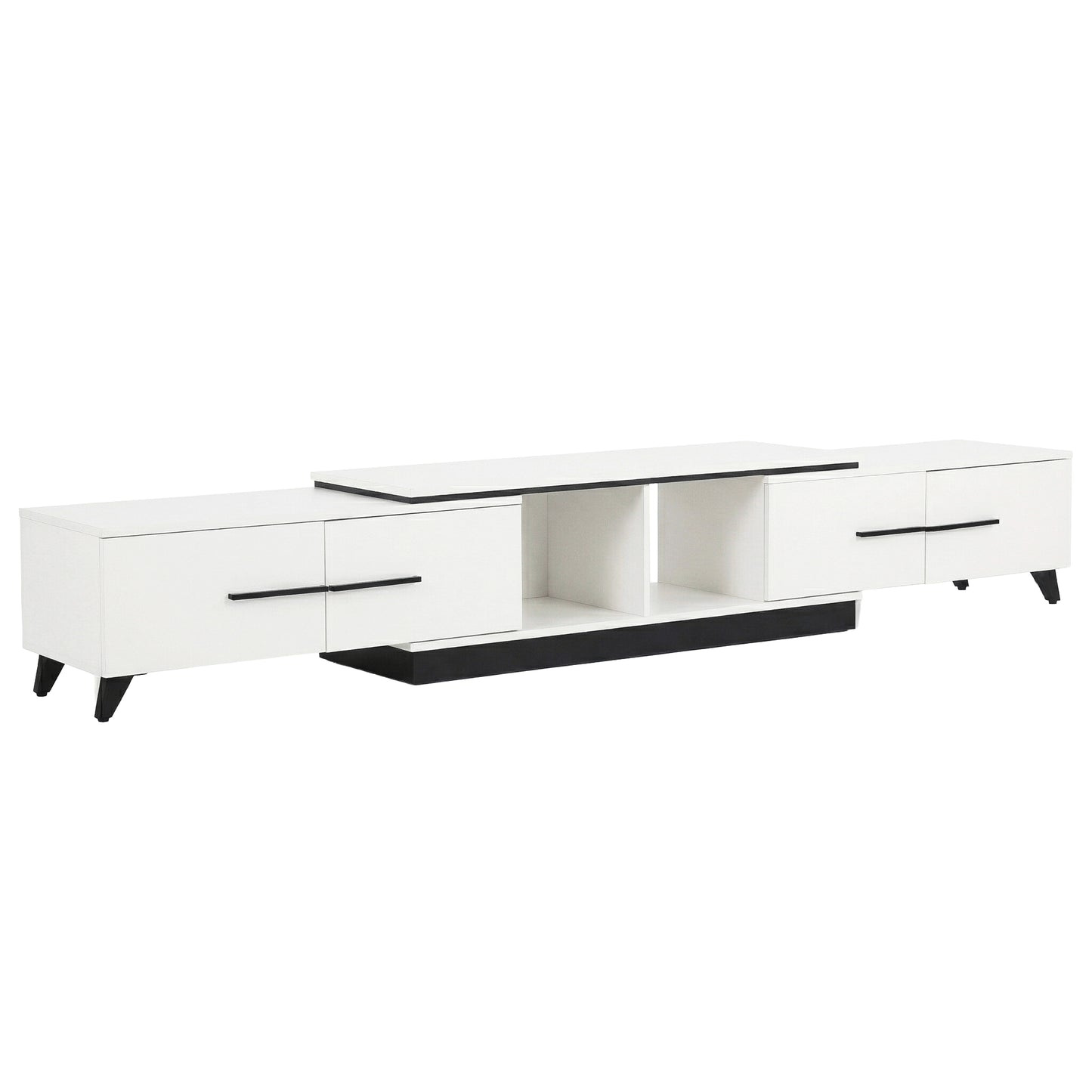Modern white TV stand with black accents and storage drawers