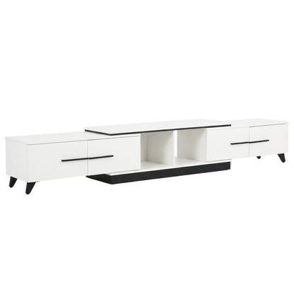 Modern white TV stand with black accents and storage drawers