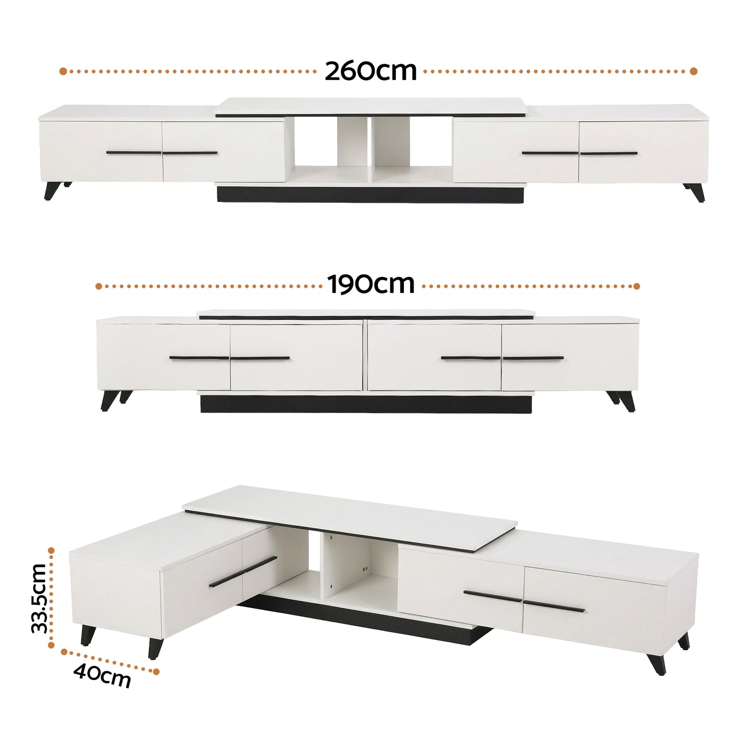 White modern TV unit with drawers, open shelves, and black legs; 260cm & 190cm sizes shown; corner design option