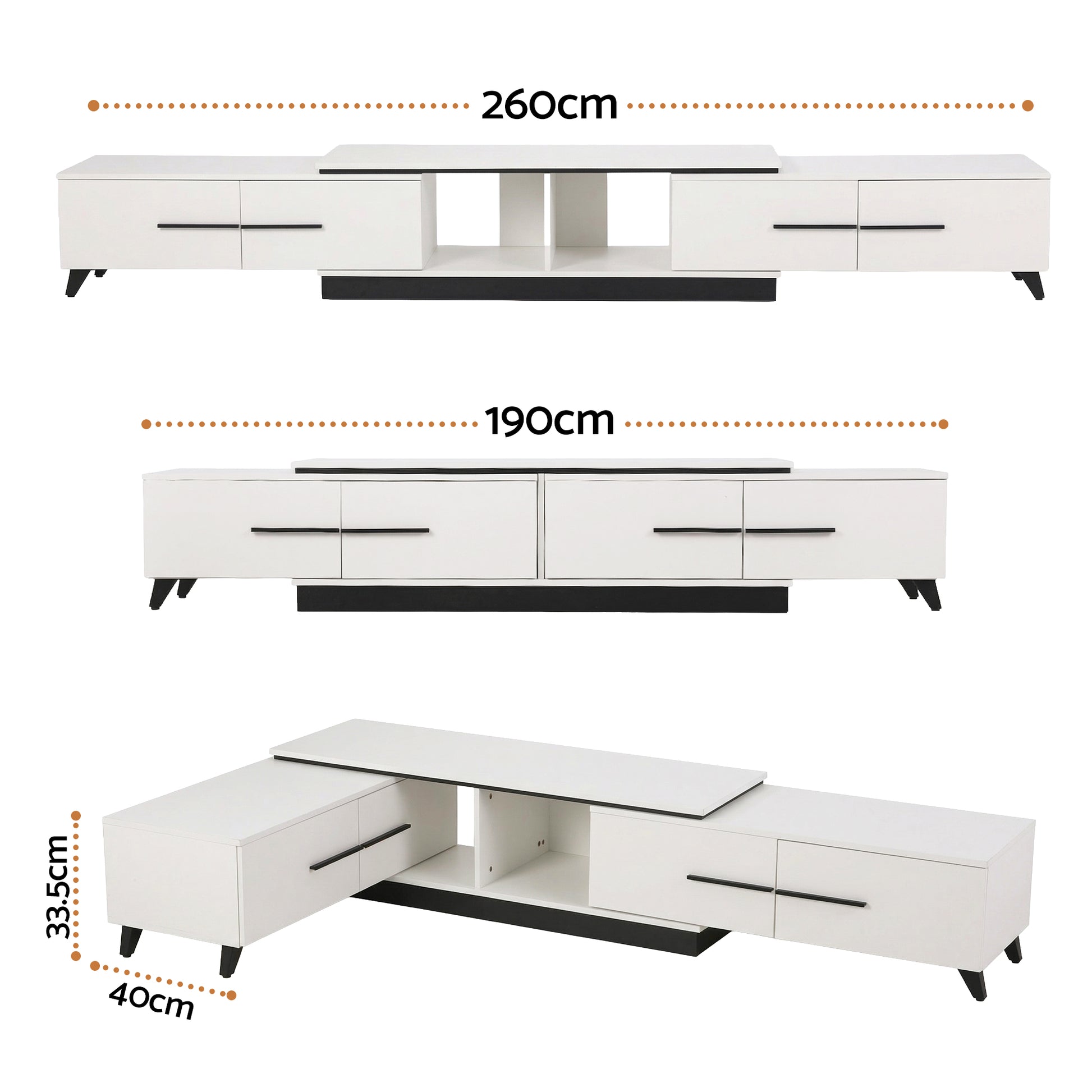 White modern TV unit with drawers, open shelves, and black legs; 260cm & 190cm sizes shown; corner design option