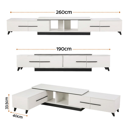 White modern TV unit with drawers, open shelves, and black legs; 260cm & 190cm sizes shown; corner design option
