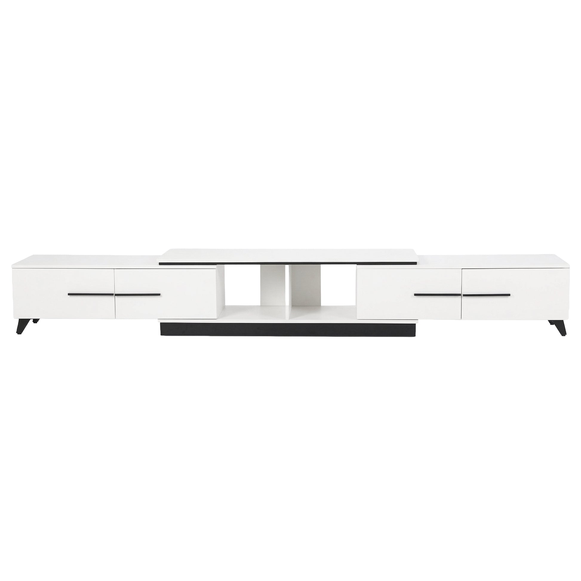 Modern white TV unit with black accents and storage drawers, sleek design for living room furniture