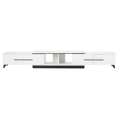 Modern white TV unit with black accents and storage drawers, sleek design for living room furniture