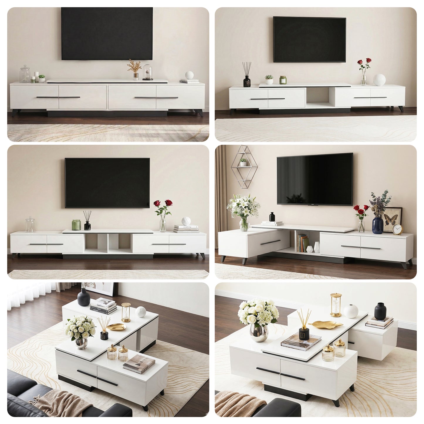 Modern white TV unit & coffee table set with sleek drawers, black legs, and minimalist decor for living room