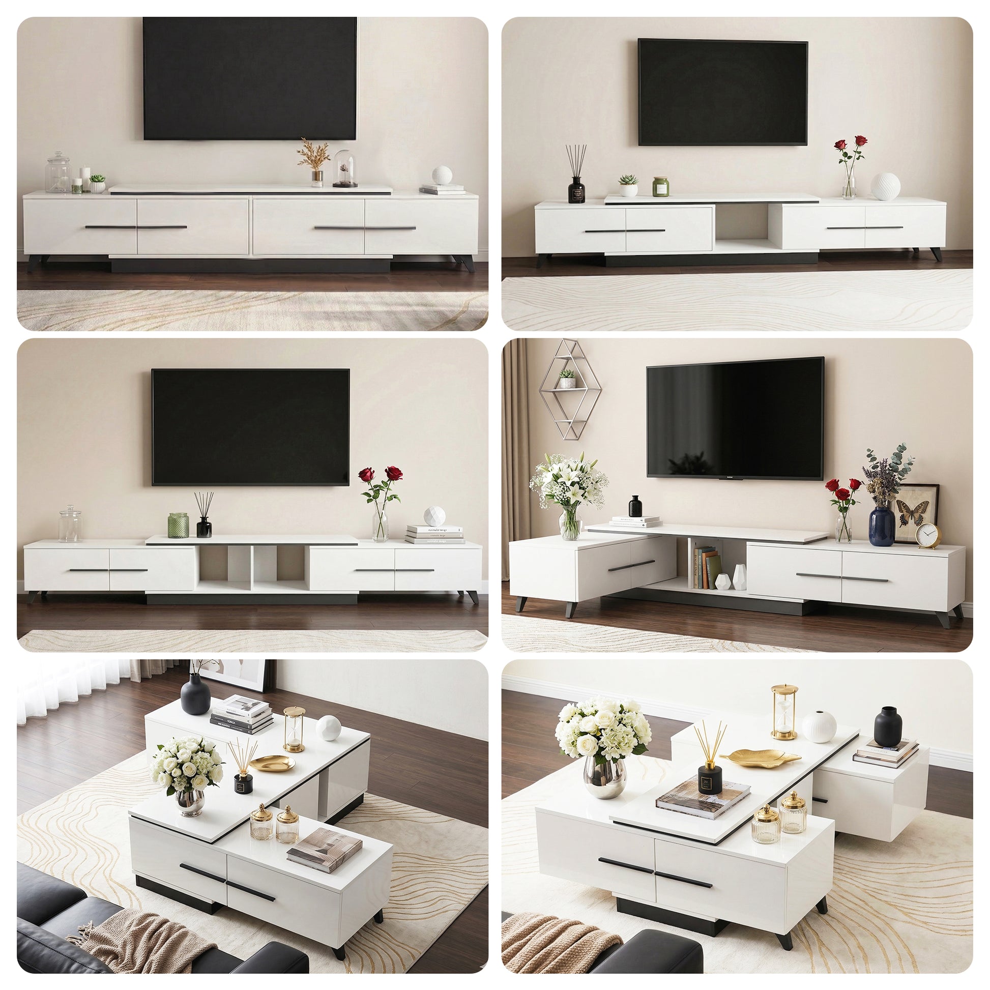 Modern white TV unit & coffee table set with sleek drawers, black legs, and minimalist decor for living room