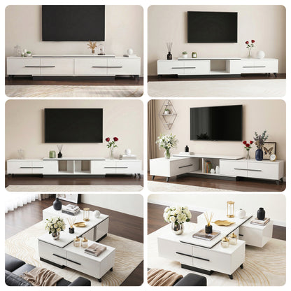Modern white TV unit & coffee table set with sleek drawers, black legs, and minimalist decor for living room