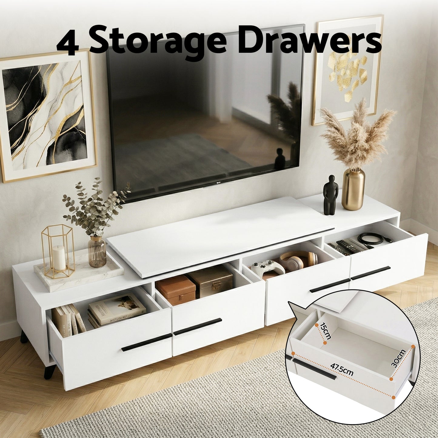 White TV stand with 4 storage drawers, modern living room setup, sleek design, organized media storage
