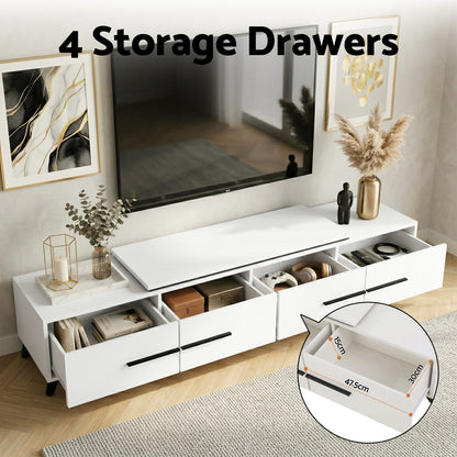 White TV stand with 4 storage drawers, modern living room setup, sleek design, organized media storage