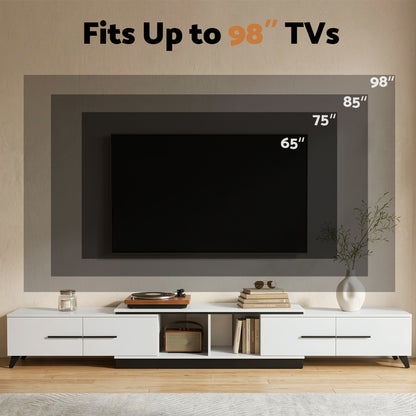 Modern white TV stand fits up to 98-inch TVs, styled with decor and books