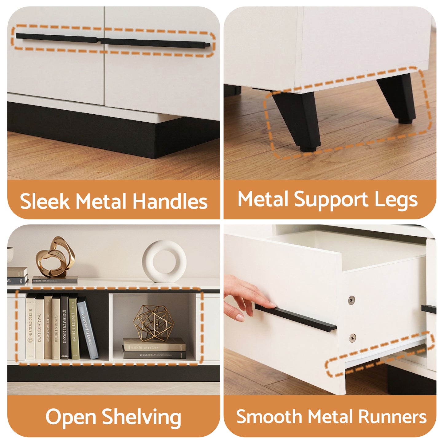 White storage unit with sleek metal handles, open shelving, metal legs, and smooth drawer runners