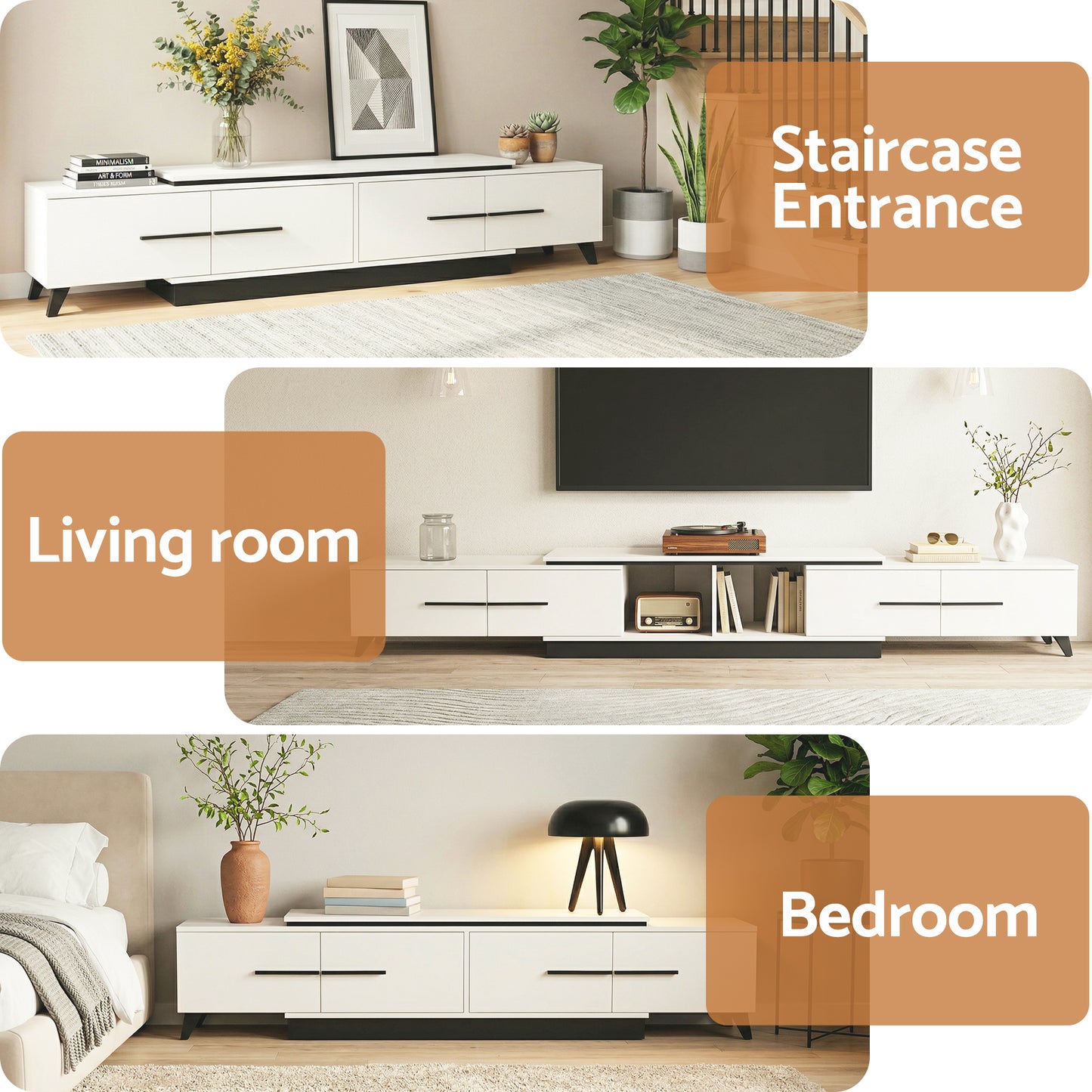Modern white TV unit for living room, bedroom, or staircase entrance – sleek design with storage drawers