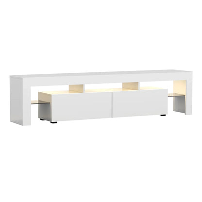 Modern white TV unit with storage drawers and open shelves, minimalist entertainment stand