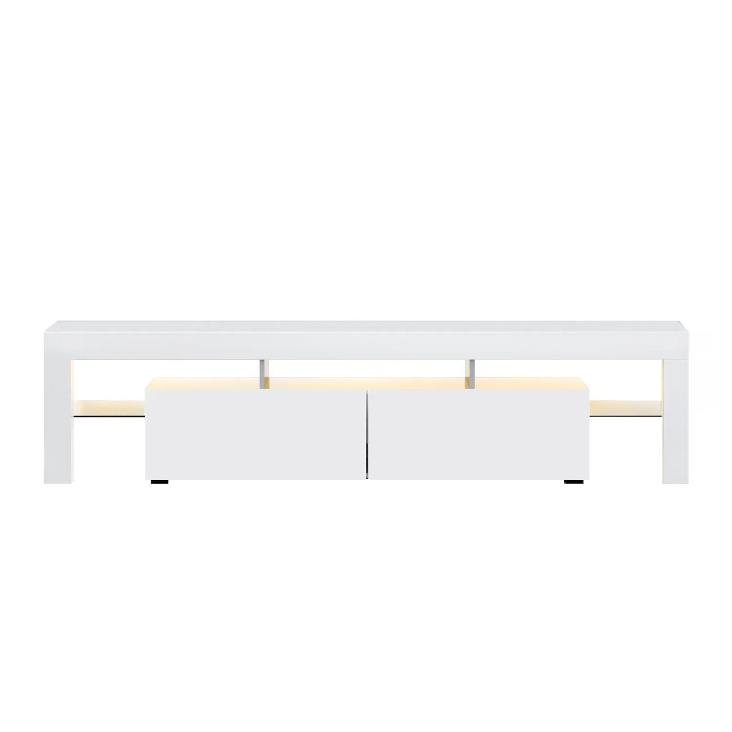 Modern white TV unit with two storage cabinets and open shelf, minimalist design