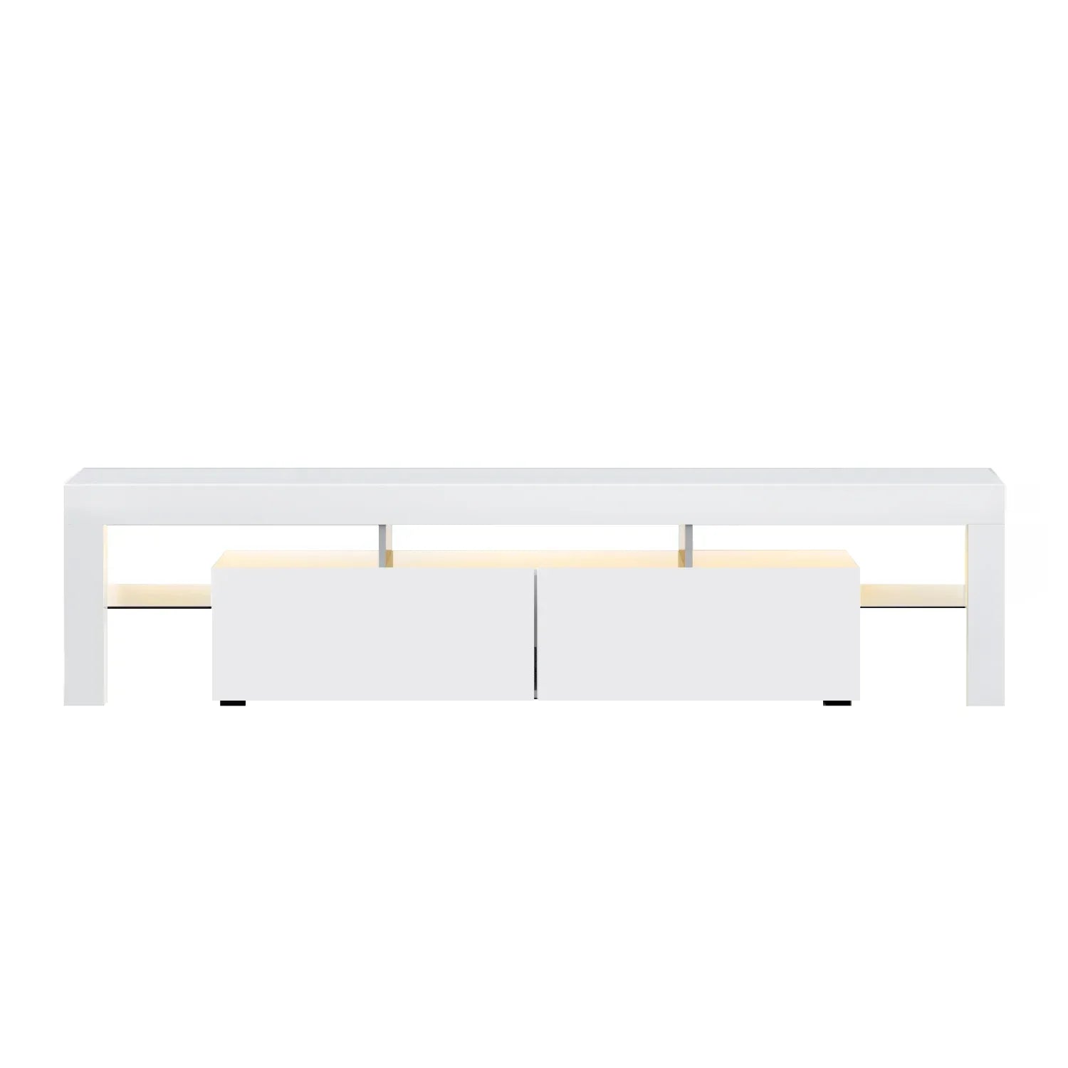 Modern white TV unit with two storage cabinets and open shelf, minimalist design