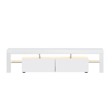 Modern white TV unit with two storage cabinets and open shelf, minimalist design
