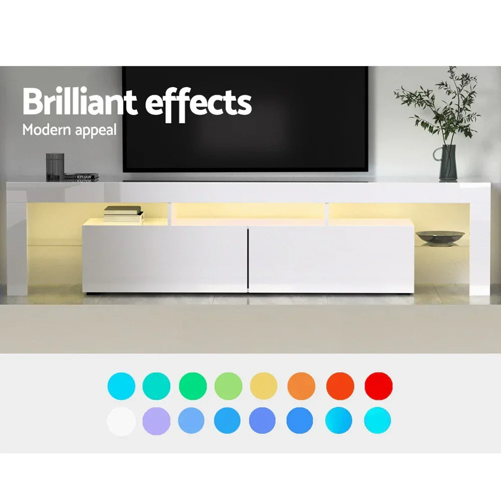 Modern white TV unit with LED lighting, color options, and minimalist living room decor