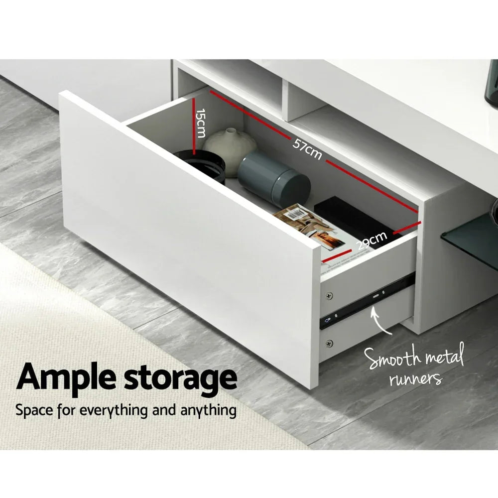 White TV unit with open storage drawer showing internal dimensions and smooth metal runners