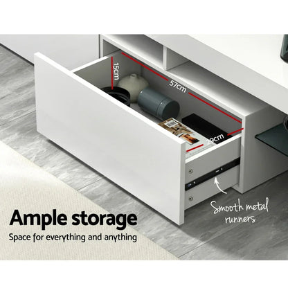 White TV unit with open storage drawer showing internal dimensions and smooth metal runners