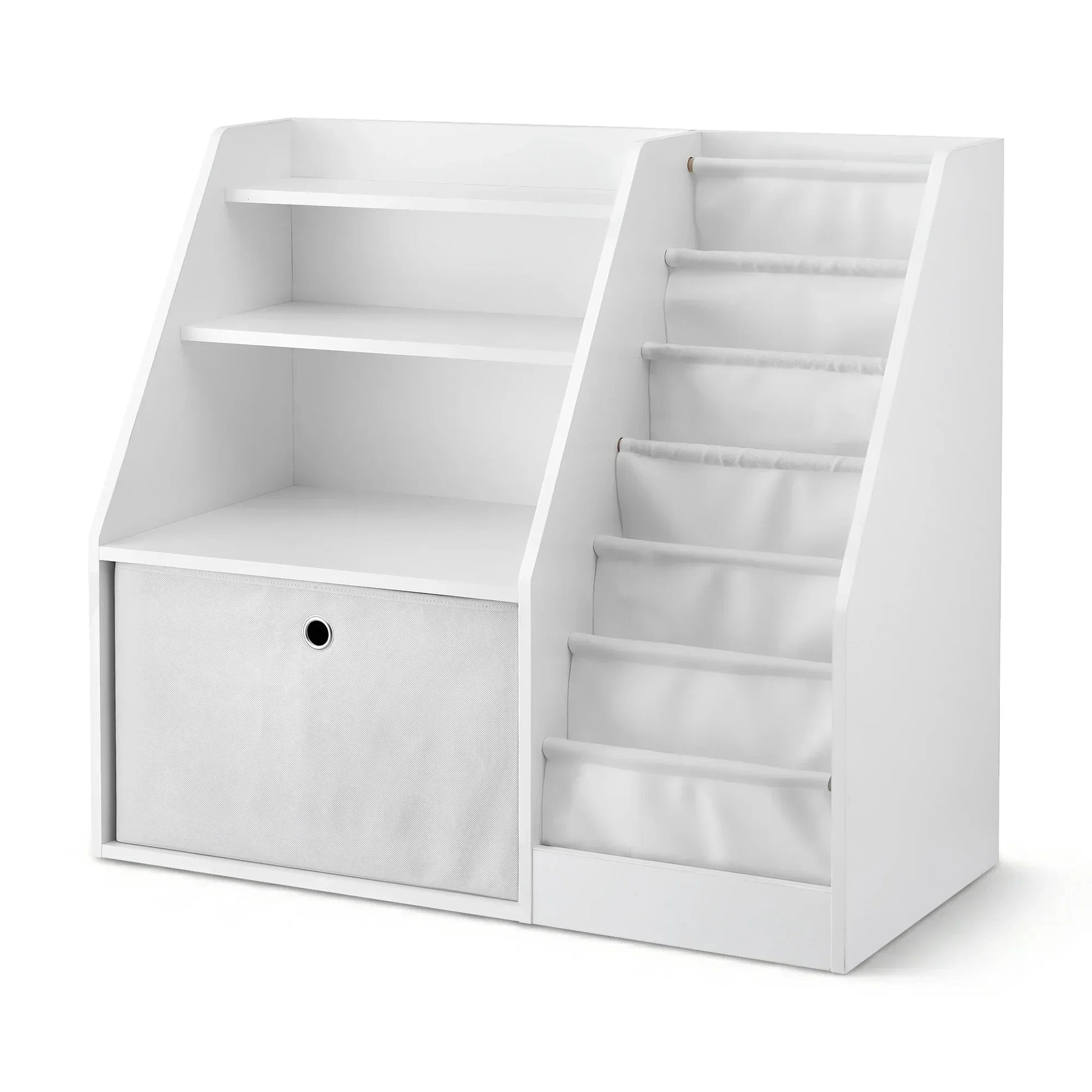 White book storage organizer with shelves, fabric bins, and angled book display slots