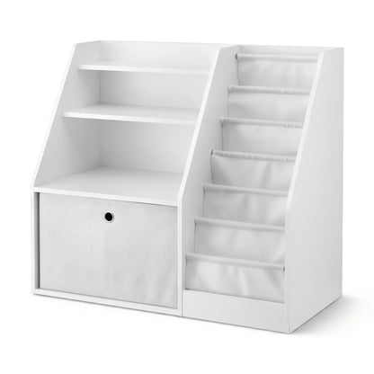 White book storage organizer with shelves, fabric bins, and angled book display slots