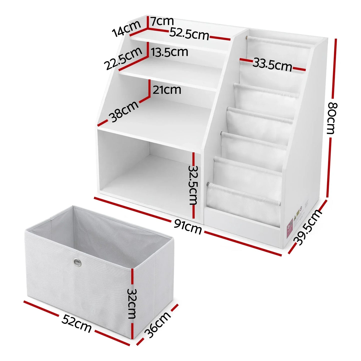 White multi-compartment bookshelf with fabric storage box and dimensions labeled in centimeters
