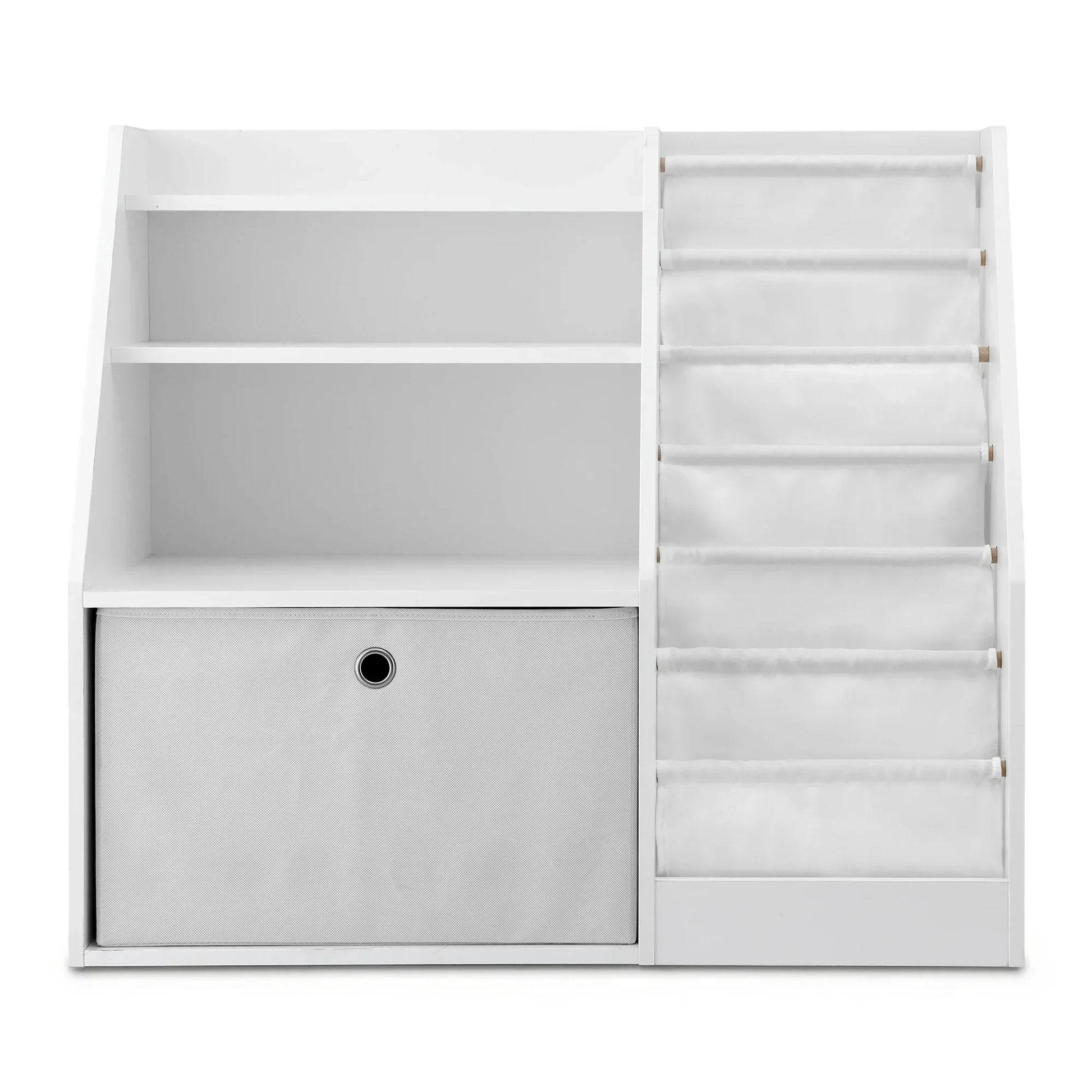 White kids bookshelf with fabric storage bin and five sling book pockets