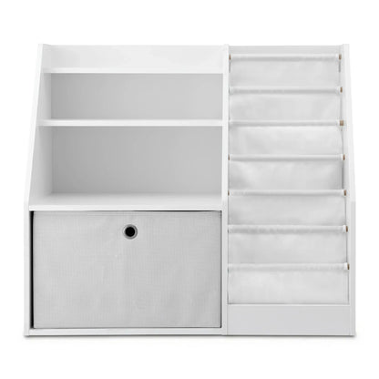 White kids bookshelf with fabric storage bin and five sling book pockets