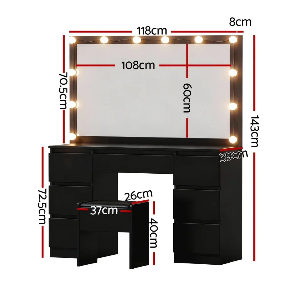 Dressing Table Black with 12 LED Bulbs & Stool - Artiss Vanity Desk