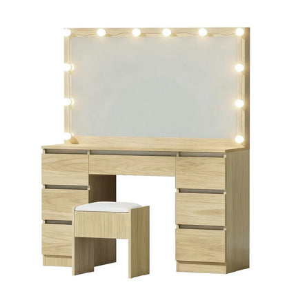 Dressing Table Wood with 12 LED Bulbs & Stool - Artiss Vanity Desk