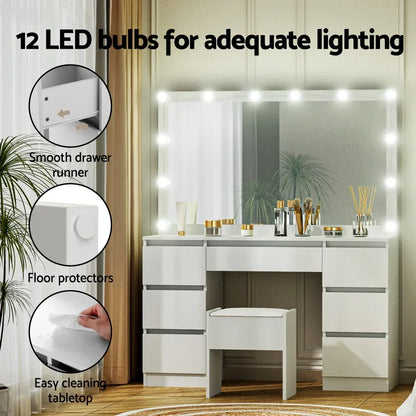 Dressing Table Vanity Desk White with Stool 12 LED Bulbs - Artiss Makeup Mirror