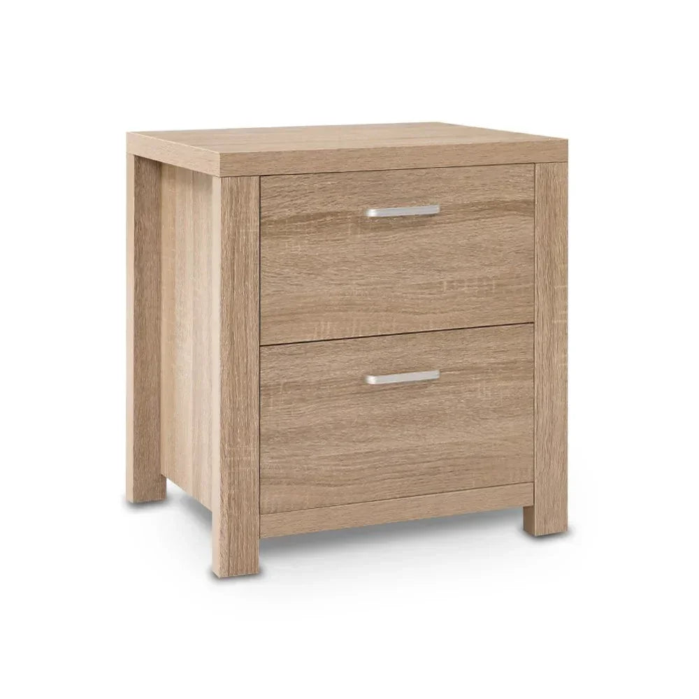 Modern light wood nightstand with two drawers and metal handles on white background