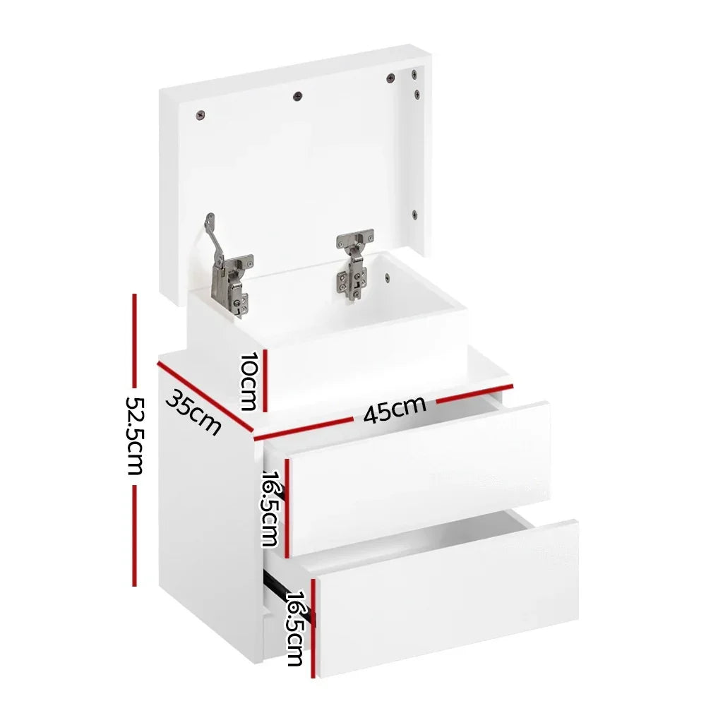 White bedside table with two drawers, top compartment open, showing hinges, labeled measurements