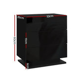 Glossy black bedside table with three drawers, dimensions labeled 53x35x60 cm