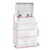 White modern storage dresser with mirror, three drawers, open top compartment and measurements