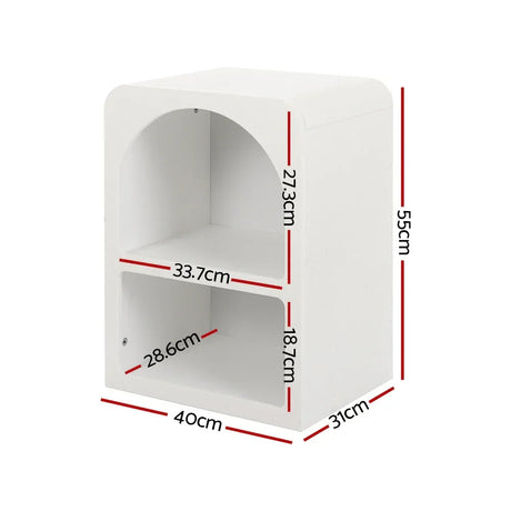 White modern bedside table with two shelves, rounded edges, and labeled dimensions