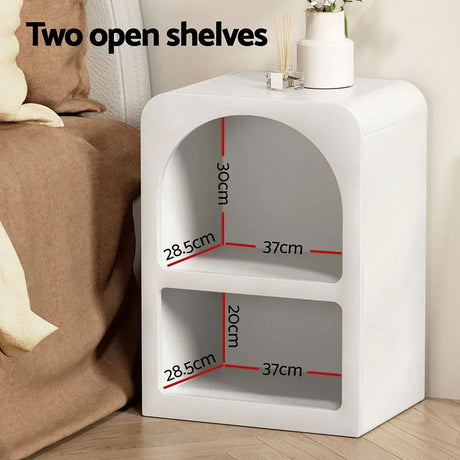 White bedside table with two open shelves and measurement labels, modern bedroom furniture
