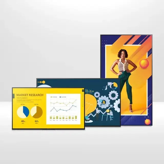 Colorful digital display screens with market research graphs, business icons, and a woman posing, Stacks Warehouse AU online store visual.
