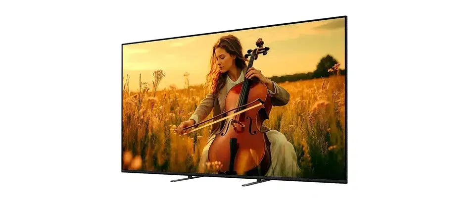 Ultra HD smart TV displaying a woman playing cello in a field, Stacks Warehouse online store