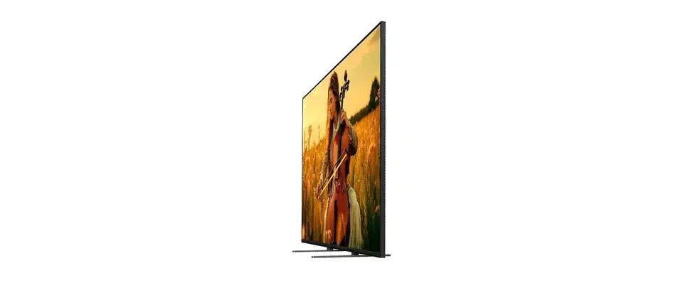 Slim flat-screen TV displaying woman playing cello in field, bargain electronics at Stacks Warehouse AU