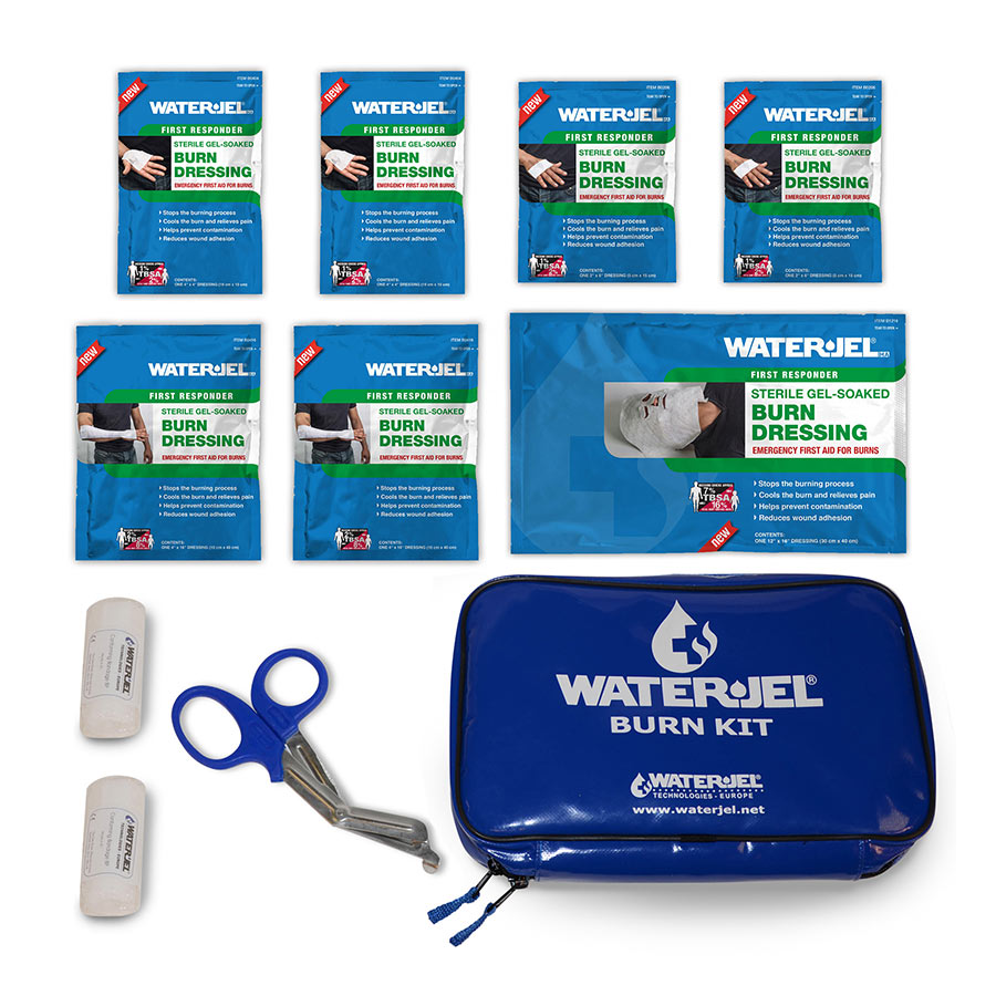 WaterJel gel soaked burn dressings, burn wrap, conforming bandages and tough cut shears for fire crews