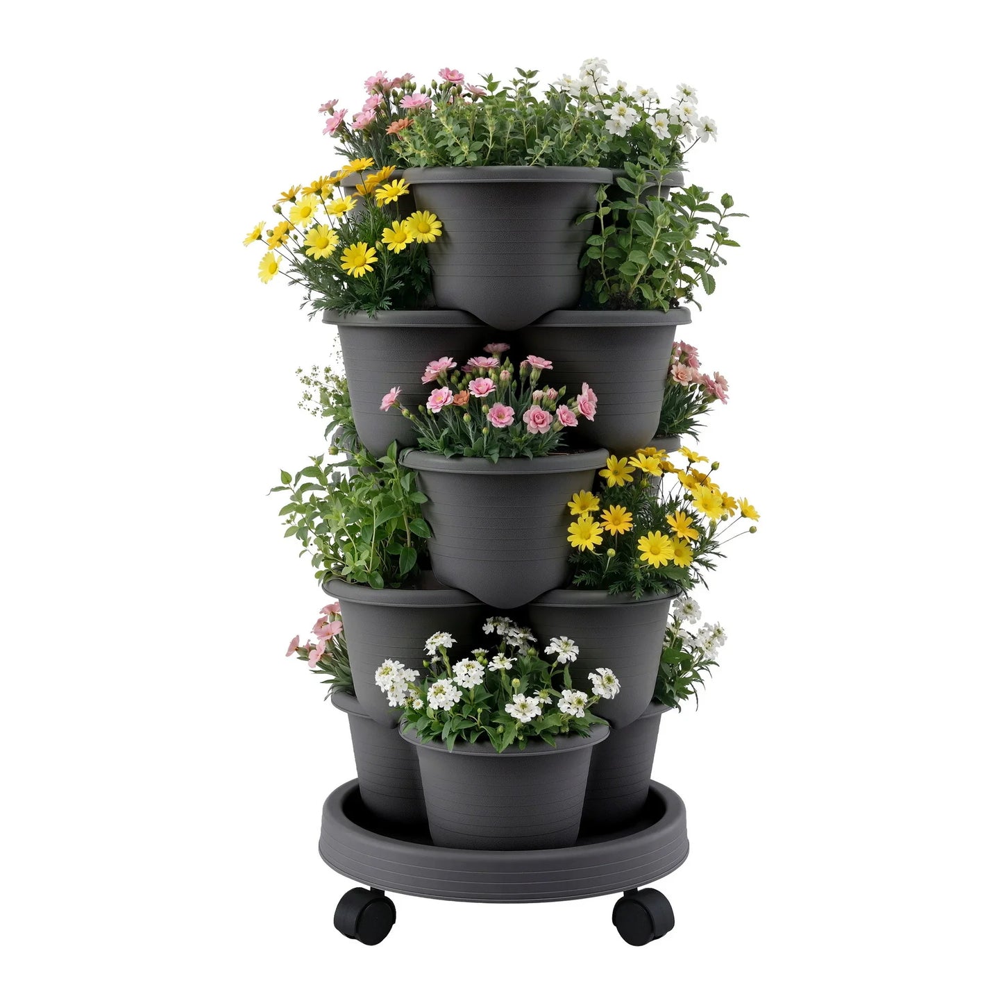 Vertical Garden Planter 5 Tier Stackable 35x35x75cm 4 Wheels Black