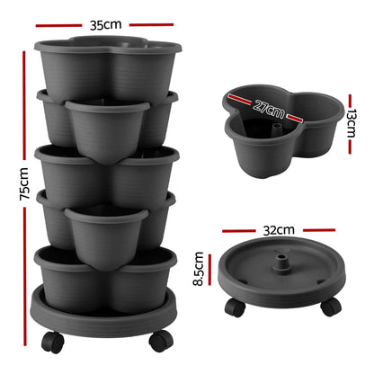 Vertical Garden Planter 5 Tier Stackable 35x35x75cm 4 Wheels Black