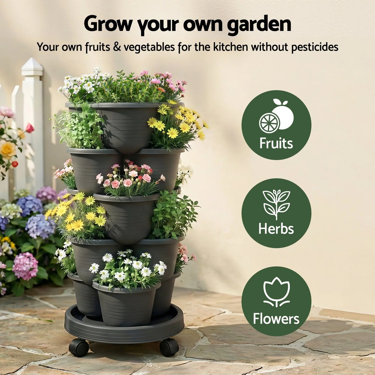 Vertical Garden Planter 5 Tier Stackable 35x35x75cm 4 Wheels Black