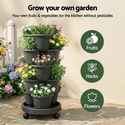 Vertical Garden Planter 5 Tier Stackable 35x35x75cm 4 Wheels Black