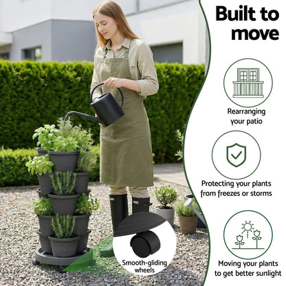 Vertical Garden Planter 5 Tier Stackable 35x35x75cm 4 Wheels Black