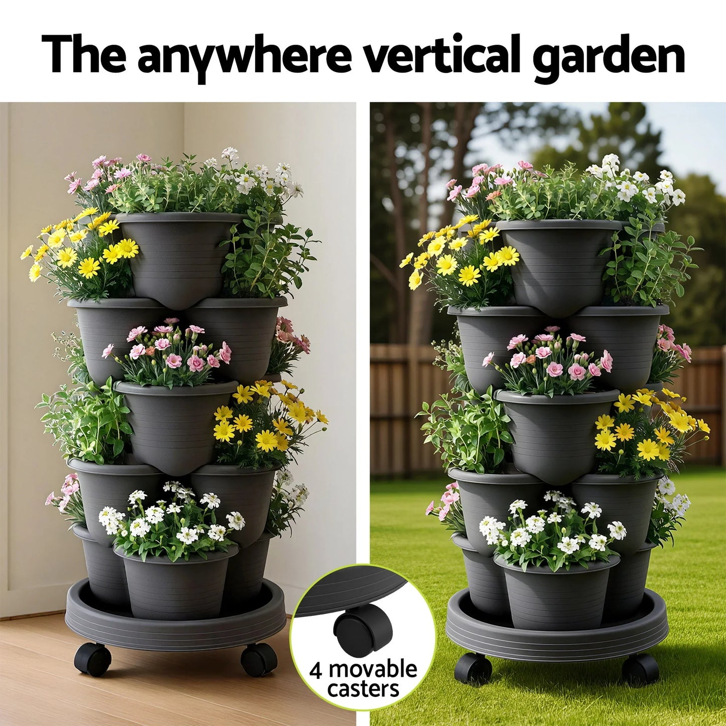 Vertical Garden Planter 5 Tier Stackable 35x35x75cm 4 Wheels Black