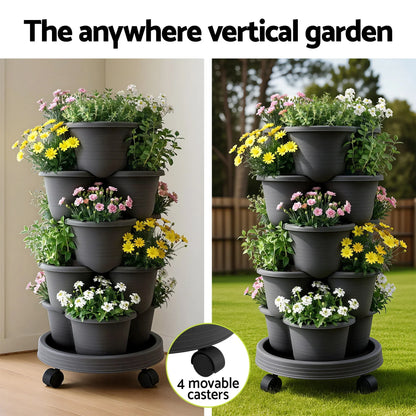 Vertical Garden Planter 5 Tier Stackable 35x35x75cm 4 Wheels Black